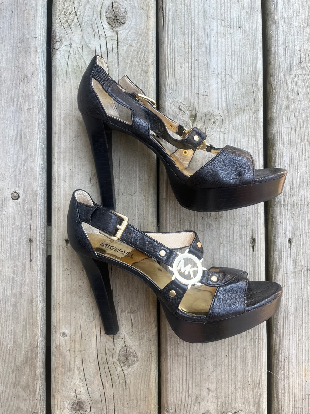 Michael Kors Platform Heels, Black leather with gold accents.